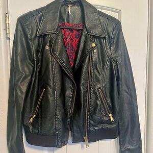 Free People Modern Vegan Bomber Jacket Gold Zip Up Moto Faux-Leather